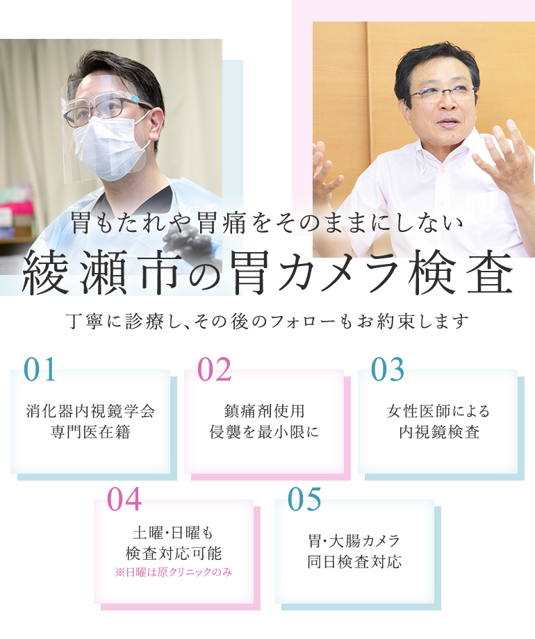 胃もたれや胃痛をそのままにしない 綾瀬市の胃カメラ検査 丁寧に診療し、その後のフォローもお約束します 01 消化器内視鏡学会専門医在籍 02 鎮痛剤使用侵襲を最小限に 03 女性医師による内視鏡検査 04 土曜・日曜も検査対応可能※日曜は原クリニックのみ 05 胃・大腸カメラ 同日検査対応